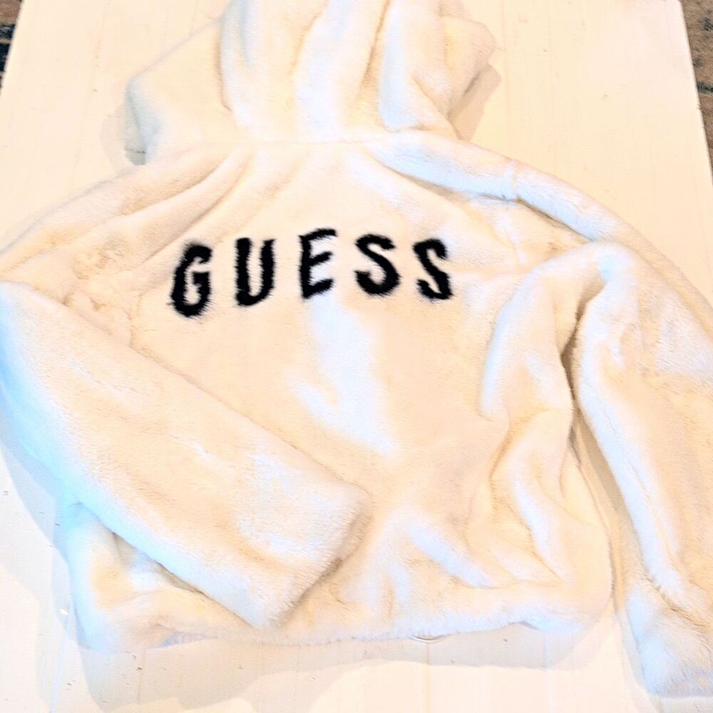VTG GUESS Los Angeles White Faux Fur Hoodie Spelled Logo Zip Jacket L Cozycore
